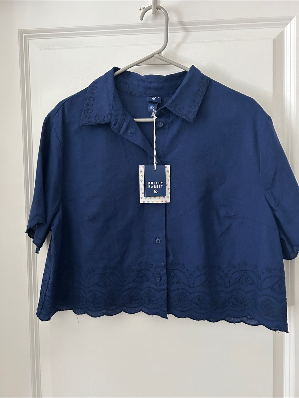 Roller Rabbit Target Deep Navy Cropped Embroidered Button-Down Shirt